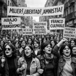 Women protesting with banners demanding freedom, amnesty, and rights.