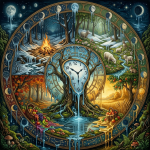 Circular zodiac wheel with seasonal scenes and mythological figures