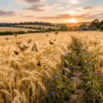 Butterflies flying over wheat field with wildflowers at sunset