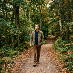 Man walking on a forest path in autumn with a walking stick