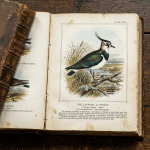 Illustration of a Lapwing bird in an old British bird guidebook open on a wooden surface