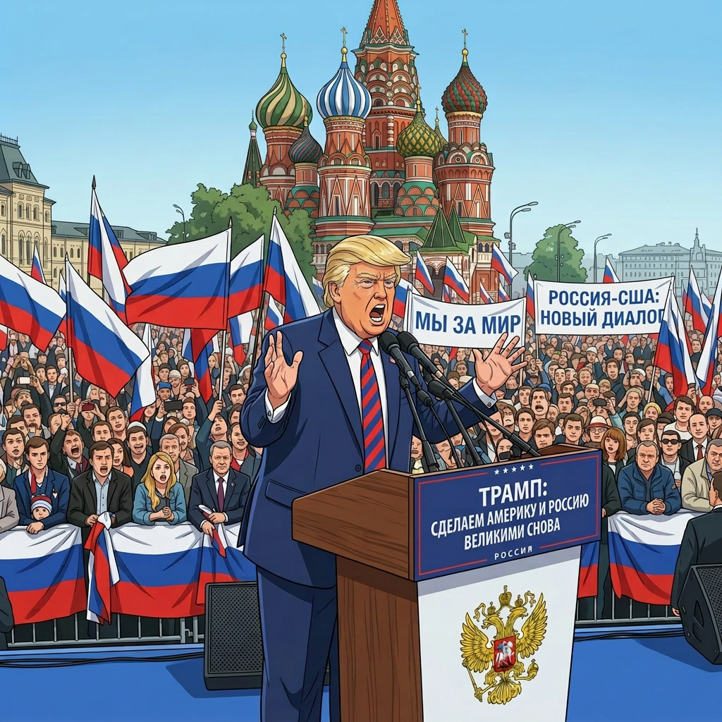 Donald Trump delivering a speech at a podium with Russian flags and crowd holding signs in Russian