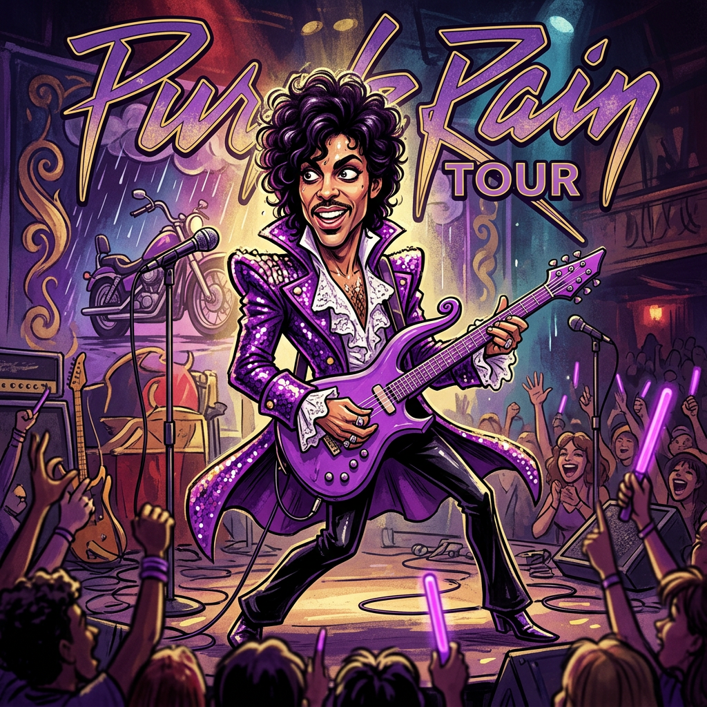 Guitarist in purple outfit playing electric guitar on stage with cheering crowd and Purple Rain Tour text