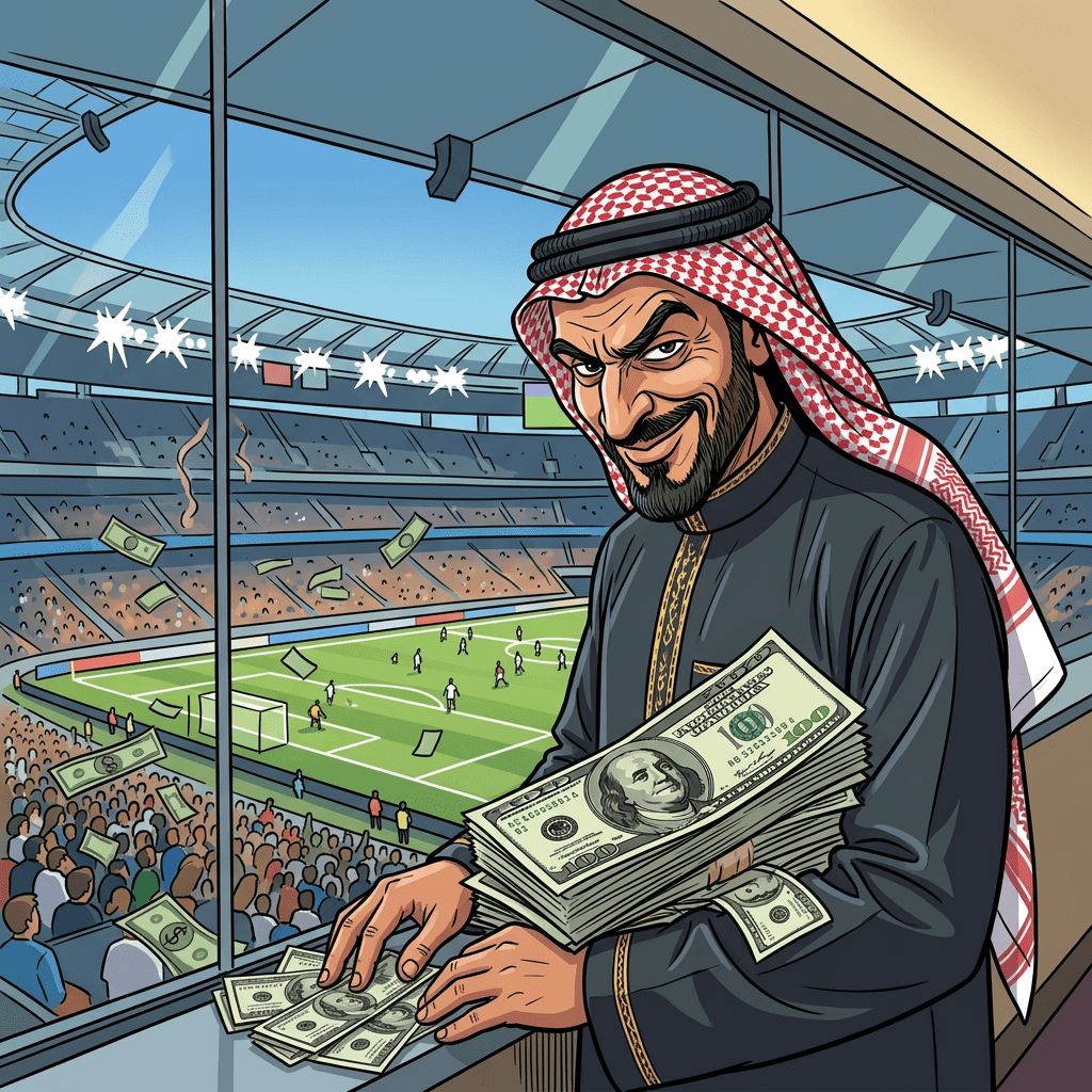 Man in traditional Middle Eastern clothing counting money inside a stadium box