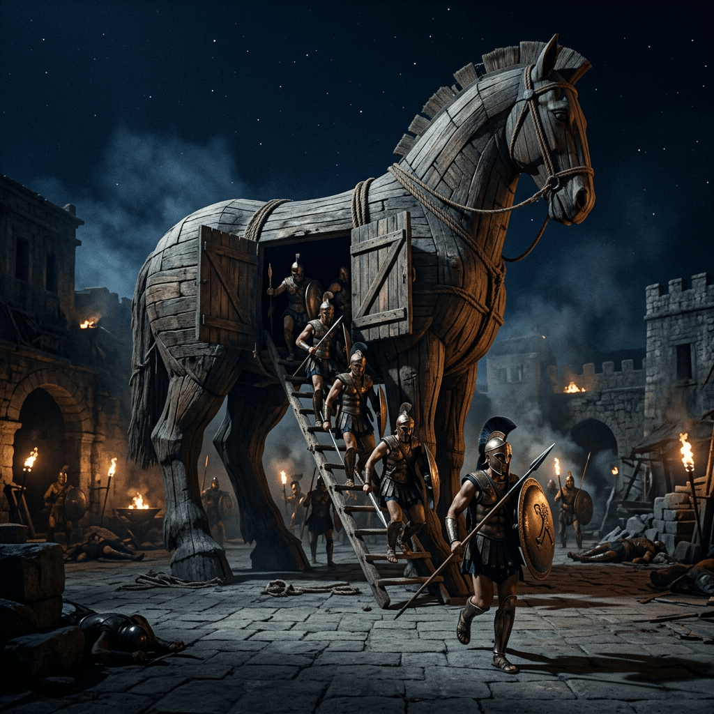 Greek soldiers in armor emerging from a large wooden Trojan Horse at night in a burning ancient city courtyard
