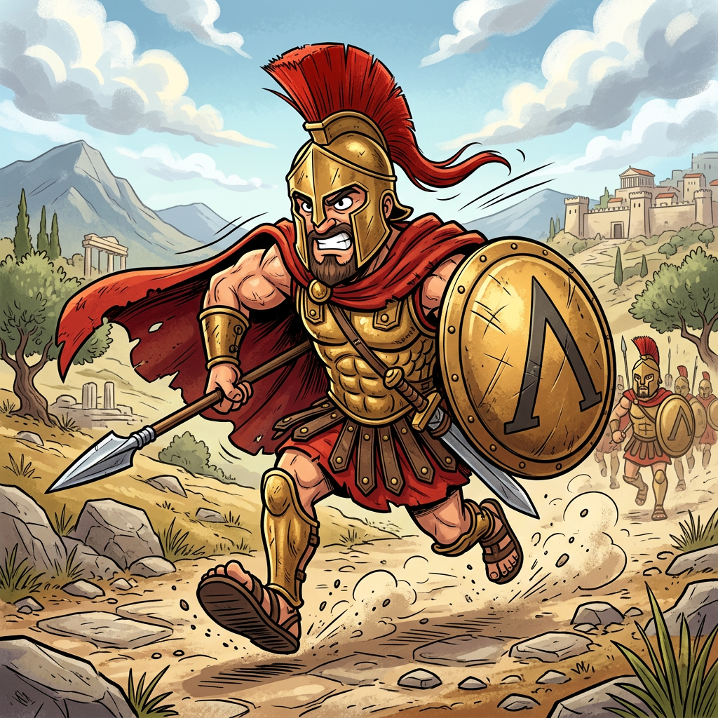 Armored Spartan warrior charging with spear and shield toward an ancient city