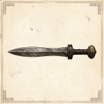 Plate III: Espada corta espartana (Laconia, s. V a.C.); estudio morfológico y tipológico. Labels identify forged steel blade, sharpened edges, bronze guard, leather-wrapped grip, lobed pommel, blade section, and hilt detail.