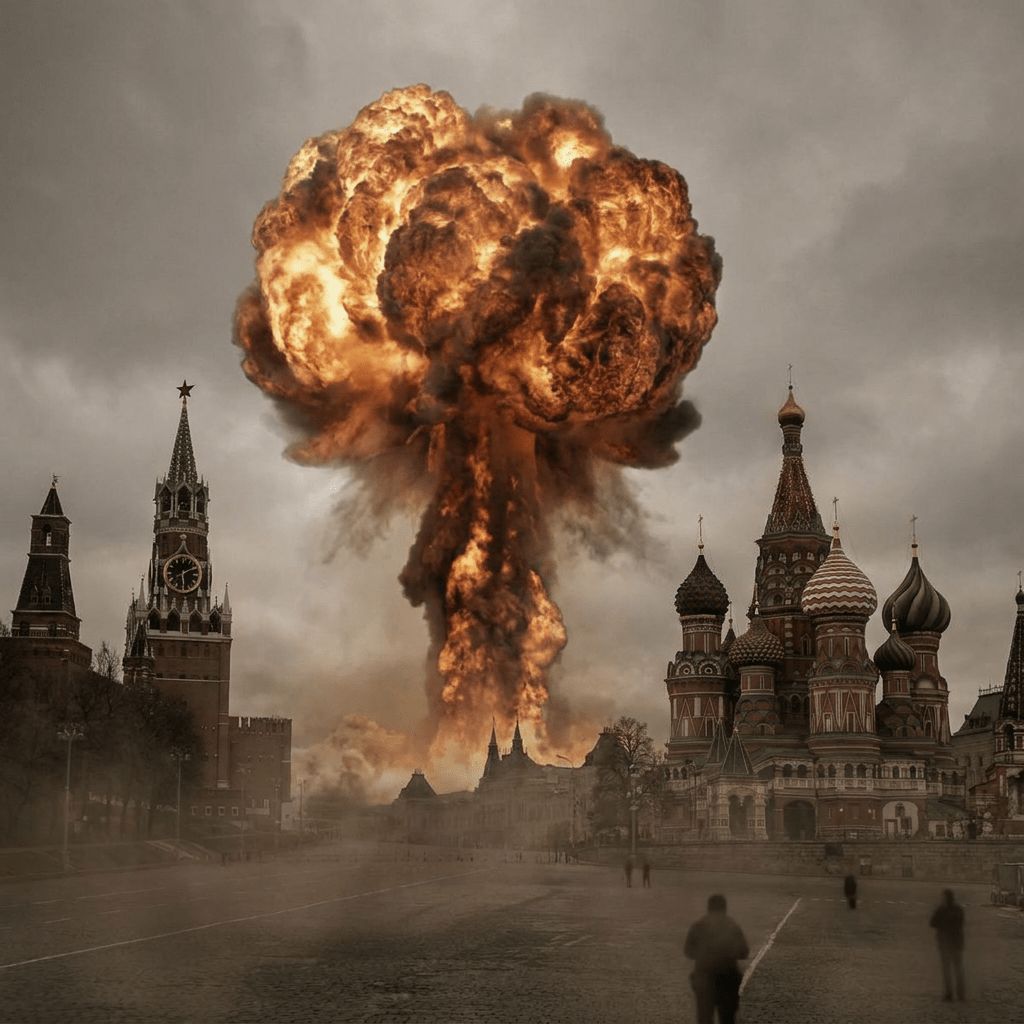 Mushroom cloud rising behind the Kremlin and Saint Basil’s Cathedral