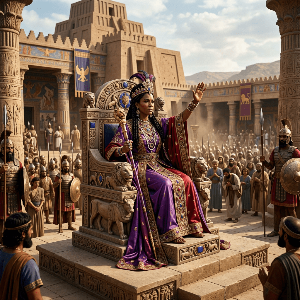 Queen in purple robes addressing a crowd from a carved throne