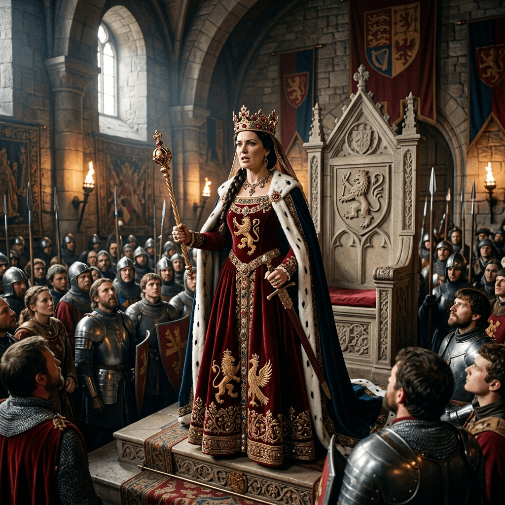 Crowned medieval queen addressing assembled knights beside an ornate throne