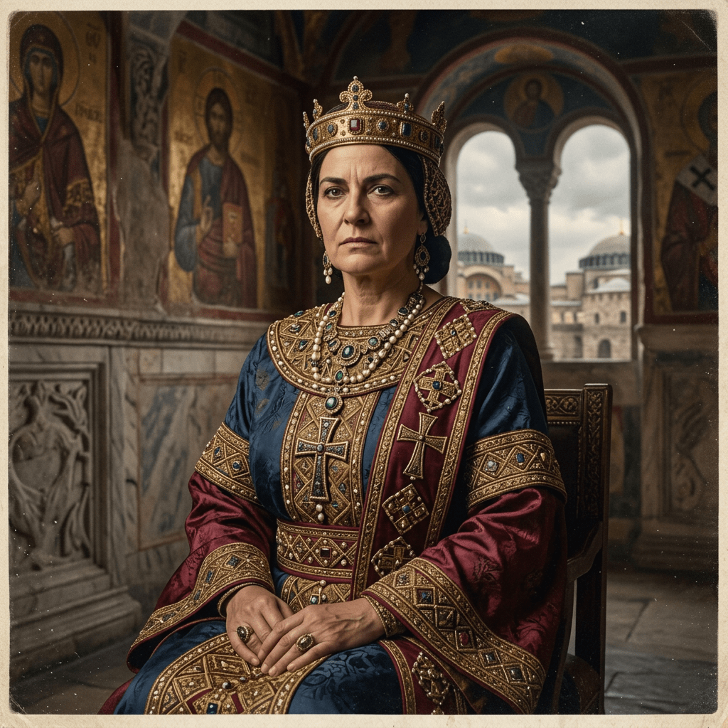 Woman wearing a jeweled Byzantine crown and embroidered ceremonial robes