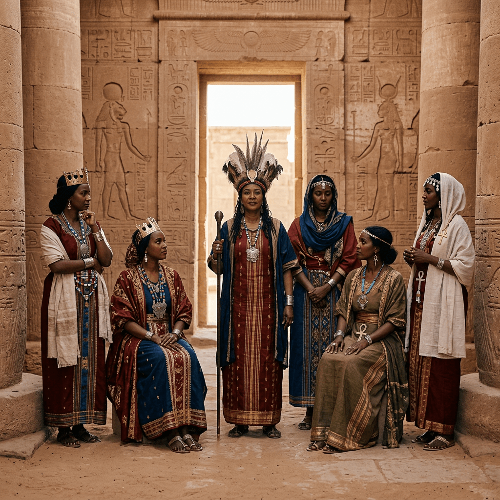 Six women in Egyptian-inspired ceremonial clothing inside a carved temple