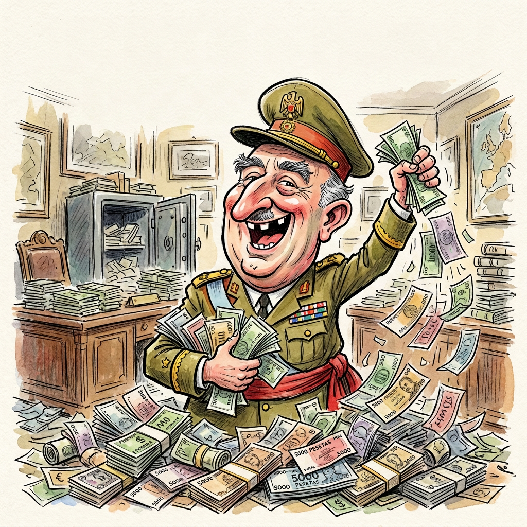 Spanish illustration of a dictator handling money amid stacks of cash