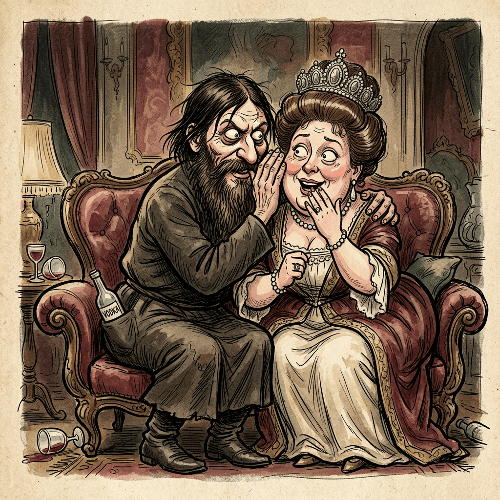 Bearded man whispering to crowned woman on an ornate sofa beside spilled drinks