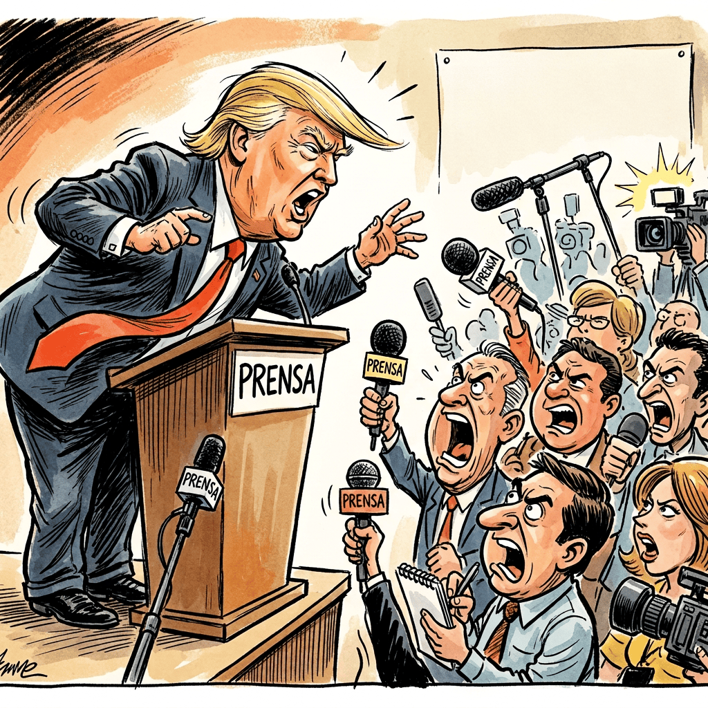 Político rubio grita ante periodistas; texto: «CONFERENCIA DE PRENSA» y «PRENSA».