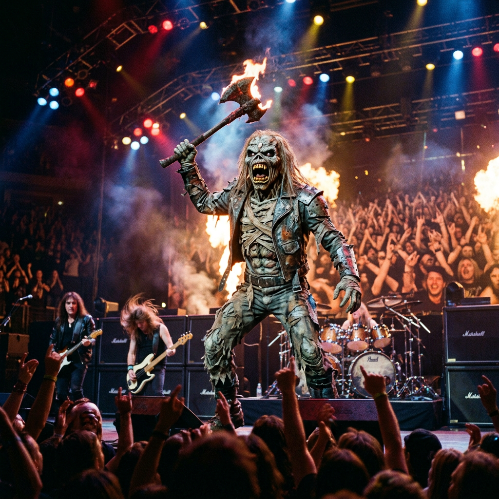 Masked metal performer raising a flaming axe before a cheering concert crowd