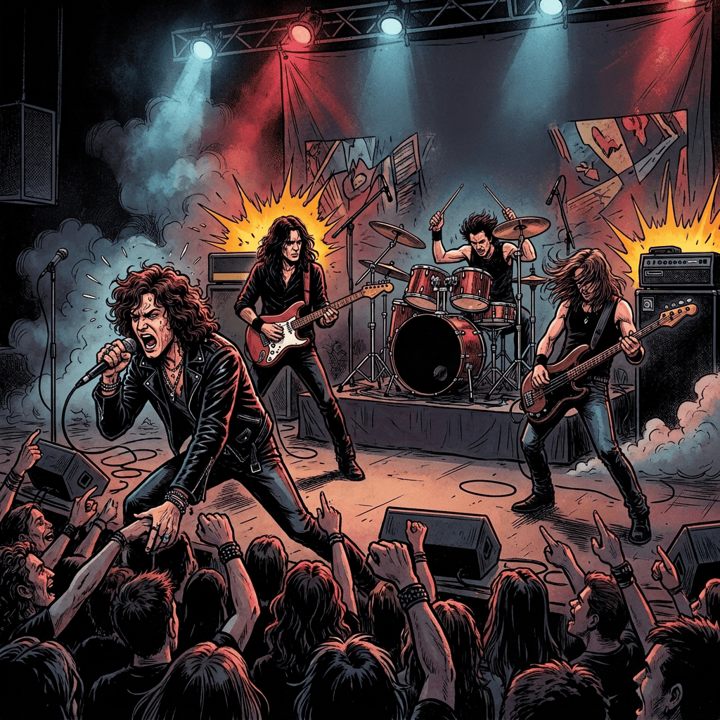Cómic de Héroes del Silencio actuando en Madrid en 1993, con público y texto: “HÉROES DEL SILENCIO”, “EL ESPÍRITU DEL VINO”, “YEEEEAHHH!!”, “ROCK!!”, “¡¡HÉROES!!!”, “¡AVALANCHA!”
