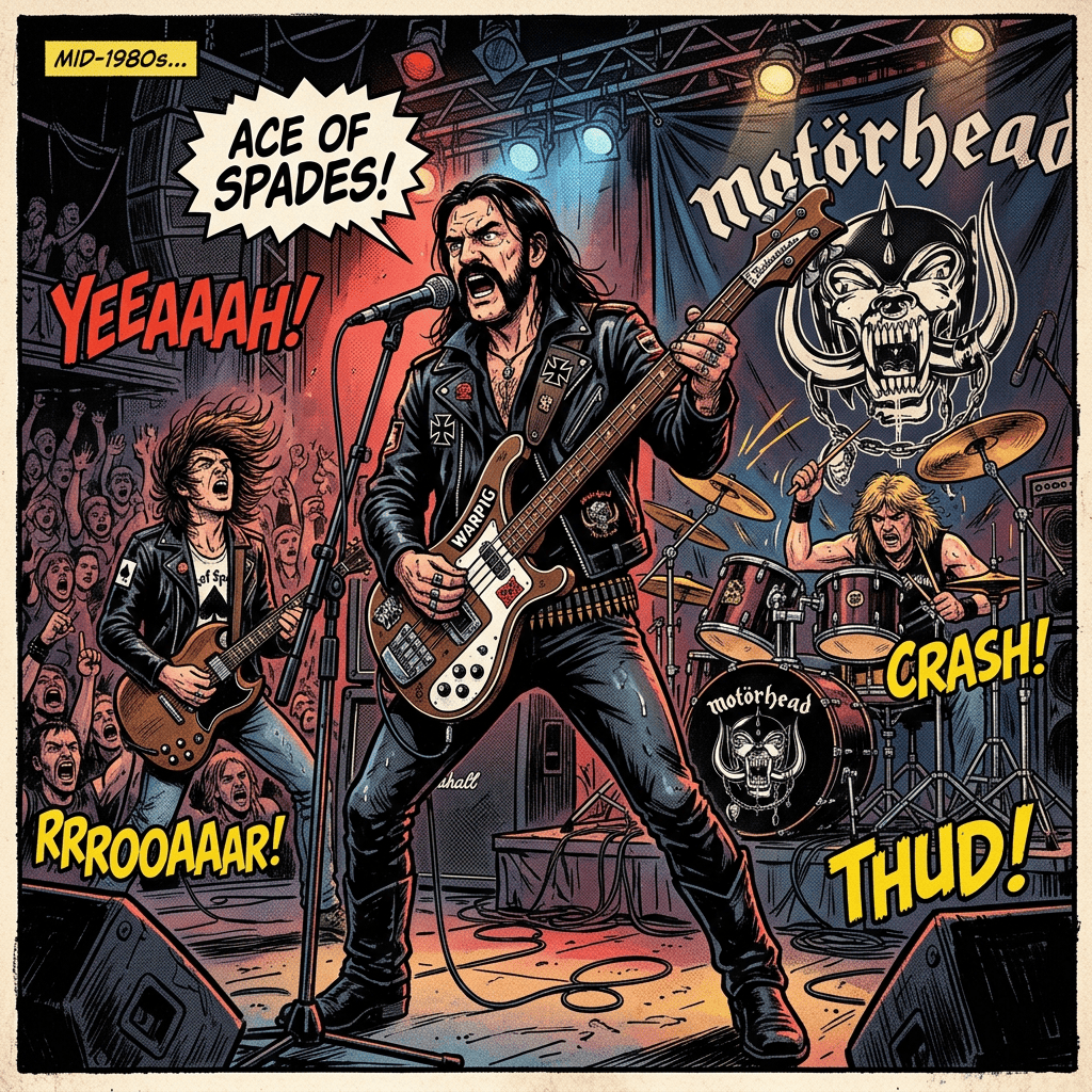 Mid-1980s Motörhead concert comic with “Ace of Spades,” “Yeeaaah!,” “Crash!,” “Rrrooaar!,” and “Thud!”